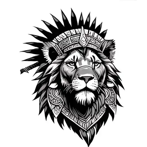 Aztec warrior killing a lion tattoo design idea
