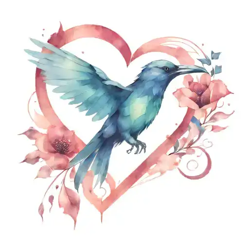 heart, half is a geometrical raven, other half is watercolor hummingbird   tattoo design idea