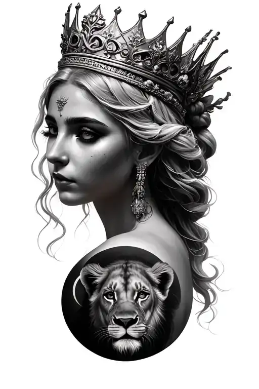 black & grey realism- beautiful greek goddess with light color hair, wearing crown, 2 lion cubs and moon tattoo design idea