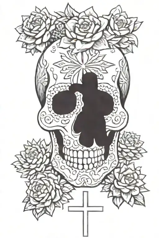 Sugar skull with cross on forehead , surrounded by succulents and cactus  tattoo design idea
