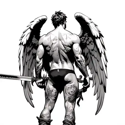 muscular male angel from behind wearing a thong underwear and holding a sword with the wings on his back tattoo design idea