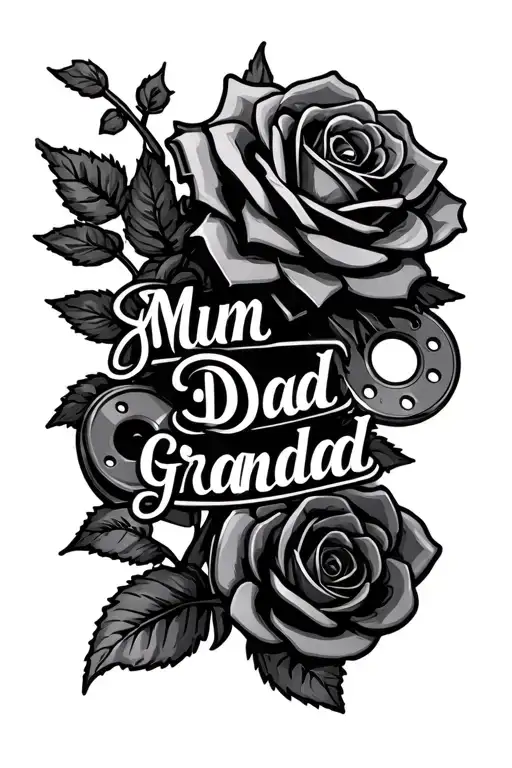 "Mum Dad Grandad" roses with pistons and brake discs and cassette tape masculine tattoo design idea