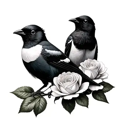 Yorkshire white rose with 2 magpies rough sketch style tattoo tattoo design idea