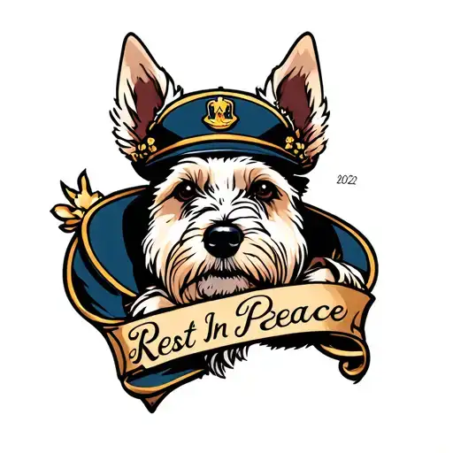 Captain white dog Rest In Peace 2022 death date tattoo design idea