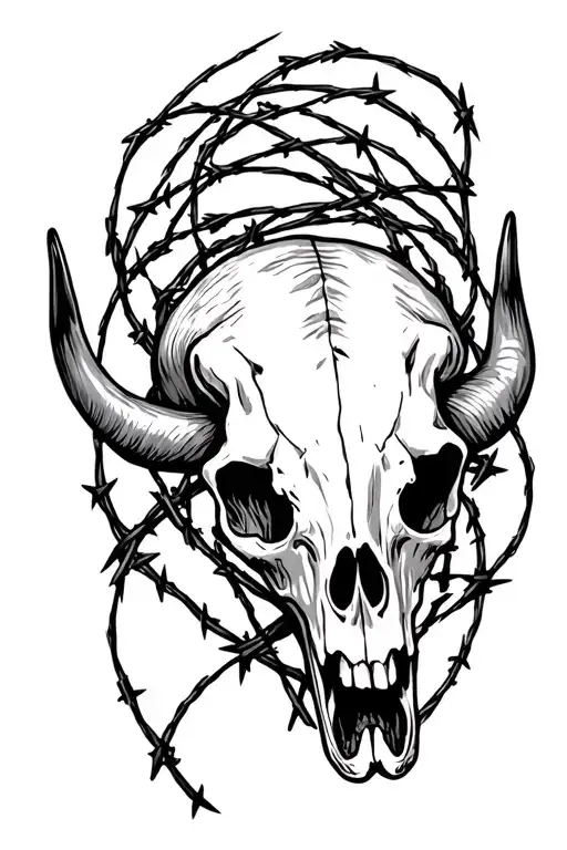 Longhorn skull with barbed wire wrapped tattoo design idea