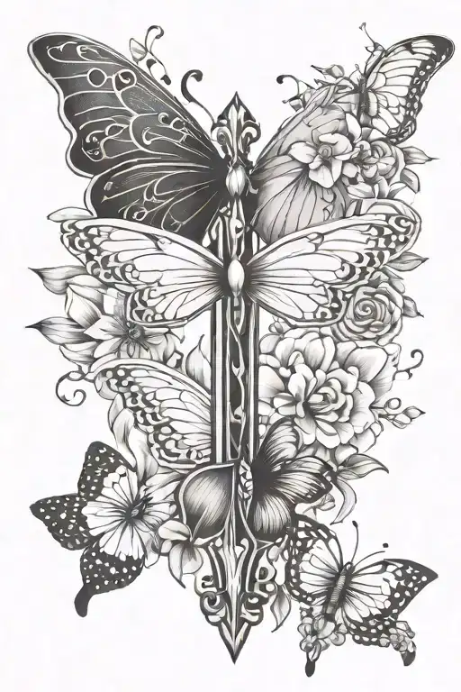 cross and butterfly and flowers tattoo design idea