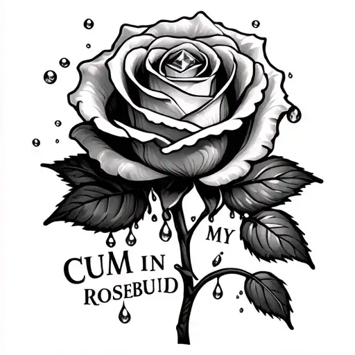 "Cum in my rosebud" rose with gemstone in center with cream seaping from around the stone covered in droplets  tattoo design idea
