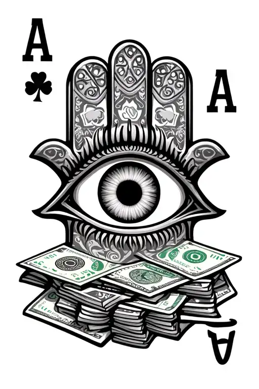 Hamsa Eye Stacks of Money Dice Lucky CloverRoyal Flush Cards Lowrider LA sign (LA Dodgers) tattoo design idea