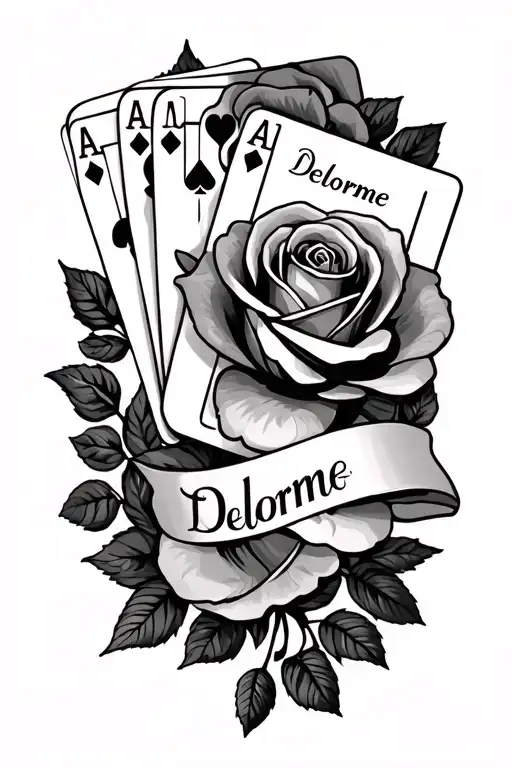 my last name Delorme with roses and cards in the background tattoo design idea