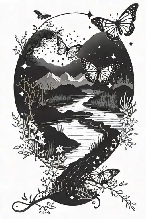 Minimalist  greyscale Scene with a river, small butterflies and a night sky with the Scorpio constellation tattoo design idea