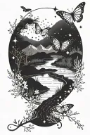 Minimalist  greyscale Scene with a river, small butterflies and a night sky with the Scorpio constellation tattoo design idea