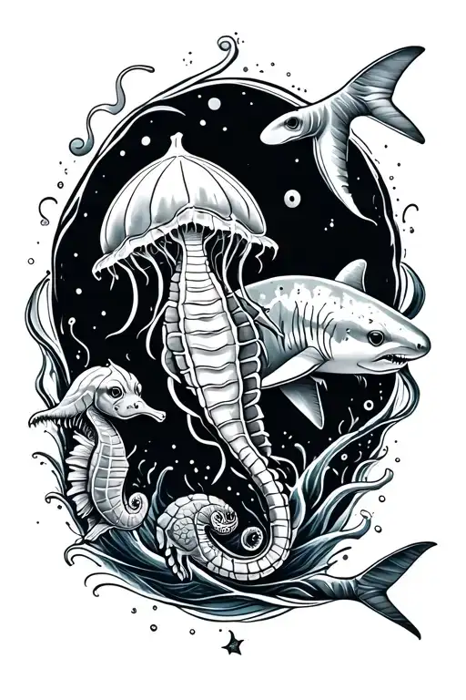 small waves, jellyfish,seahorse, turtle,stingray,manta ray,whale shark,hammerhead tattoo design idea