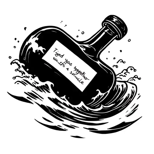 Black and white outlineOcean waves say “tied together with a smile” bottle with a message floating in the water tattoo design idea