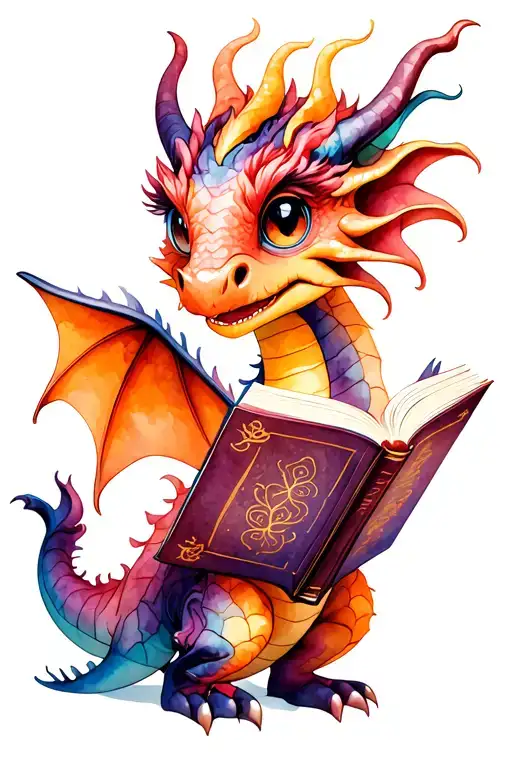 realistic cute dragon reading a book with images flying from pages tattoo design idea