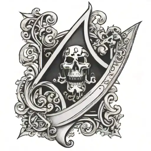 The letter A in old English Gothic writing with a pirate knife piercing it. tattoo design idea