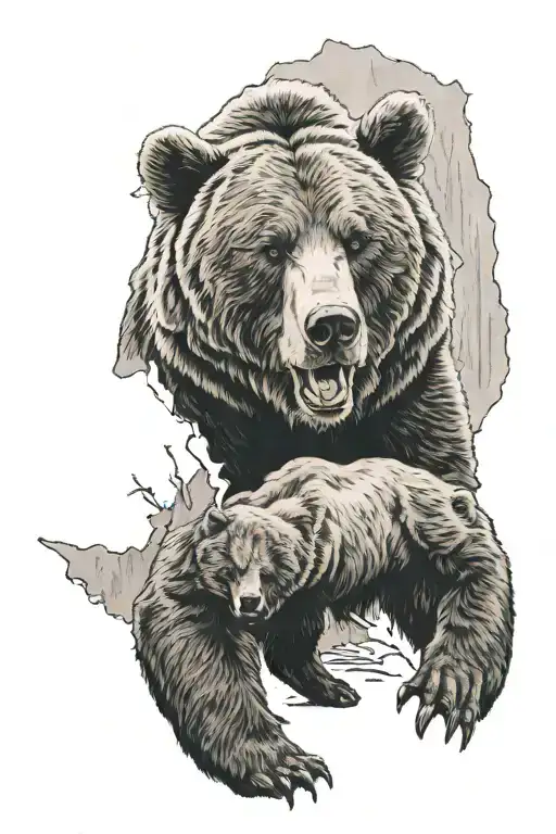 A GRIZZLY BEAR tearing out of state of california  tattoo design idea