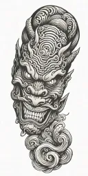 oni demon mask, finger waves crashing tattoo design idea