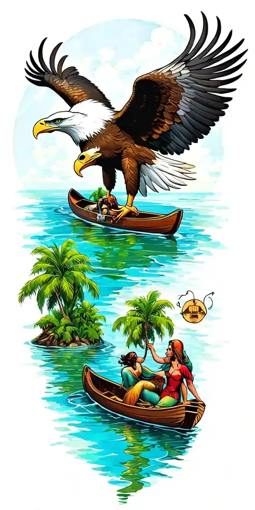 bald eagle at top of sleeve and a Peter Pan lagoon in a rowboat skull island around the elbow mermaids below the boat tattoo design idea