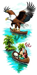 bald eagle at top of sleeve and a Peter Pan lagoon in a rowboat skull island around the elbow mermaids below the boat tattoo design idea