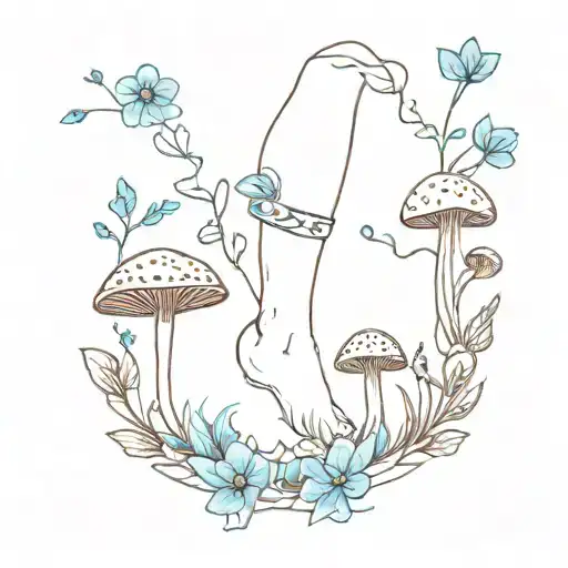 Tattoo on ankle of a border with blue flowers and mushrooms and acorns hanging tattoo design idea