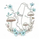 Tattoo on ankle of a border with blue flowers and mushrooms and acorns hanging tattoo design idea