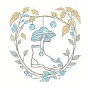 Tattoo on ankle of a border with blue flowers and mushrooms and acorns hanging tattoo design idea