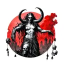 A hellish figure with horns holds skulls hanging on strings. In the background, red fog and ruins. tattoo design idea