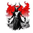 A hellish figure with horns holds skulls hanging on strings. In the background, red fog and ruins. tattoo design idea
