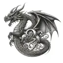 A dragon with 2024 in Roman Numerals and the name Genesis intertwined tattoo design idea