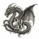 A dragon with 2024 in Roman Numerals and the name Genesis intertwined tattoo design idea