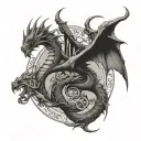 A dragon with 2024 in Roman Numerals and the name Genesis intertwined tattoo design idea