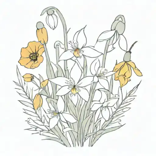 Bouquet of snowdrops, poppies and daffodils tattoo design idea