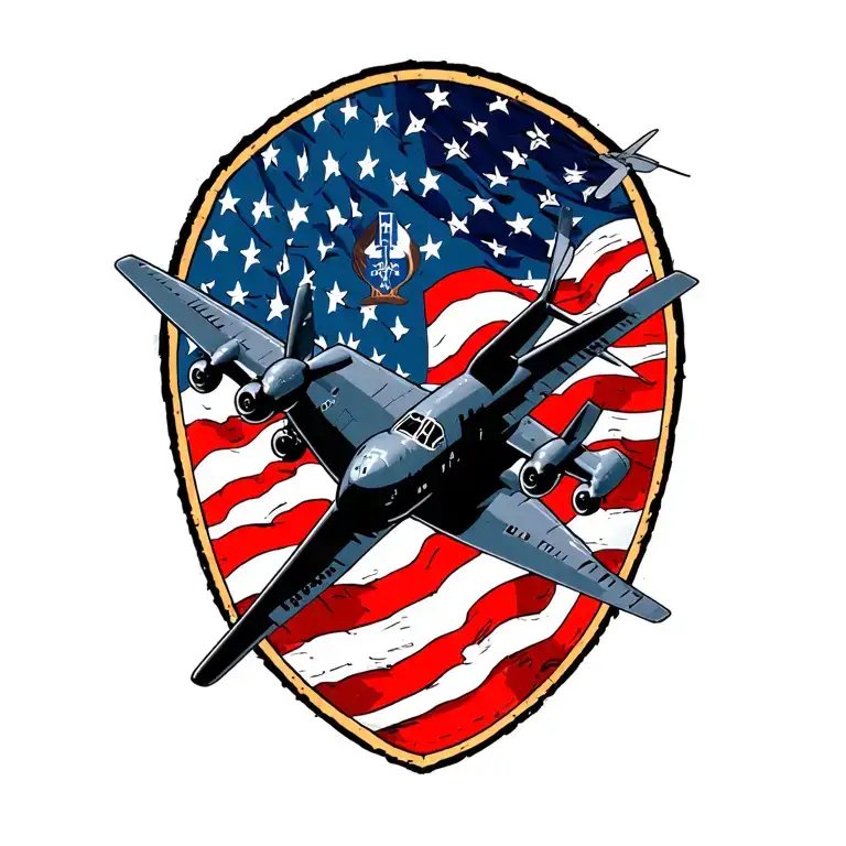 c130 flying with American flag and nursing symbol tattoo design idea