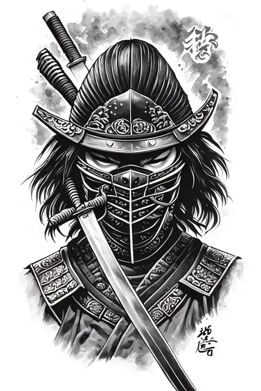 samurai with katana in mask black and white tattoo sketch simple tattoo design idea