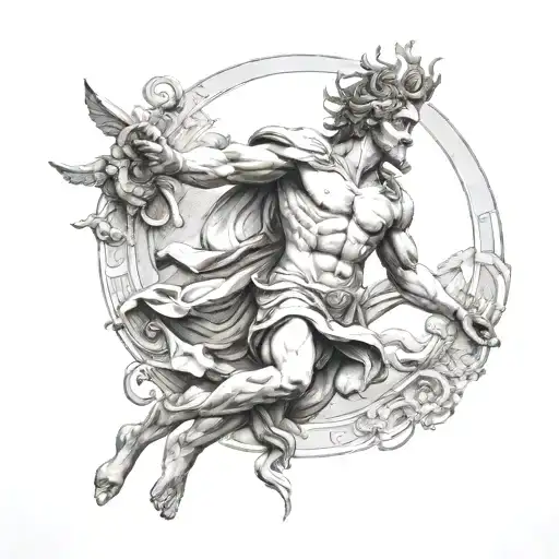 Greek god Helios, statu like grec style, inside a sun tattoo design idea