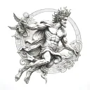 Greek god Helios, statu like grec style, inside a sun tattoo design idea
