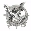 Greek god Helios, statu like grec style, inside a sun tattoo design idea