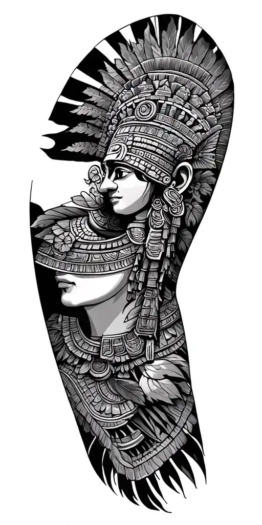 Mayan theme sleeve tattoo design idea