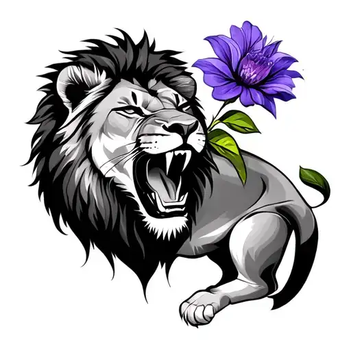 a lion, holding a violet flower in his mouth while grrring tattoo design idea