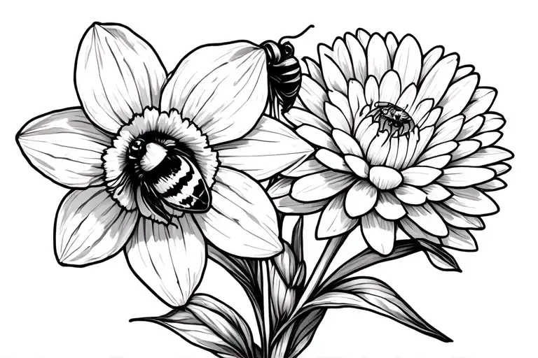 Line drawing of daffodil,chrysanthemum, carpenter bee tattoo design idea