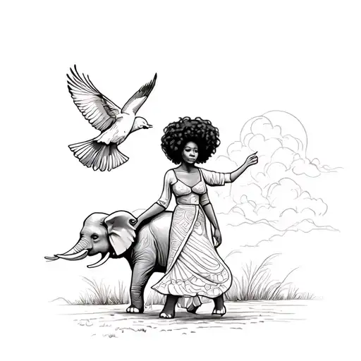 black woman with curly Afro releasing bird in the air walking with elephant tattoo design idea