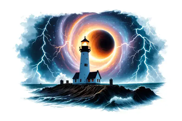 lighthouse, black hole, planet, lightning, storm tattoo design idea