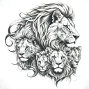 A lions face with a mane and 3 cubs around it (not super realistic) tattoo design idea