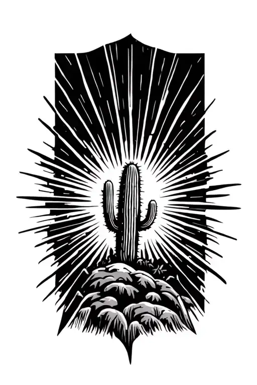 Sun rays horizon behind a desert landscape with one cactus tattoo design idea