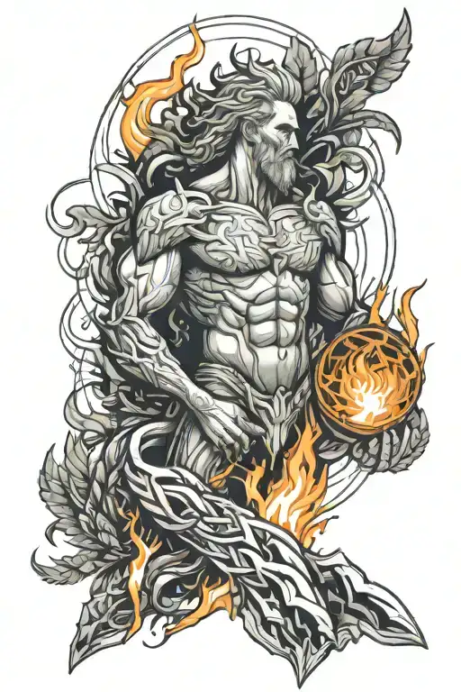 Prometheus holding a glowing torch amidst swirling flames and broken chains, surrounded by nature tattoo design idea