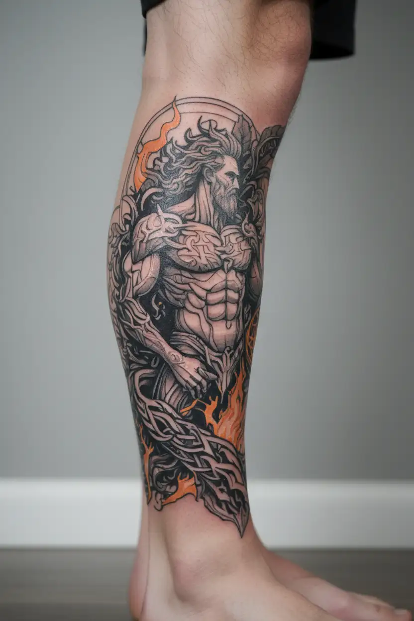Prometheus holding a glowing torch amidst swirling flames and broken chains, surrounded by nature tattoo design idea