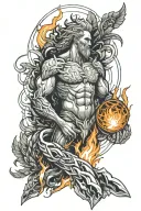 Prometheus holding a glowing torch amidst swirling flames and broken chains, surrounded by nature tattoo design idea