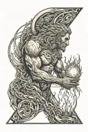 Prometheus holding a glowing torch amidst swirling flames and broken chains, surrounded by nature tattoo design idea