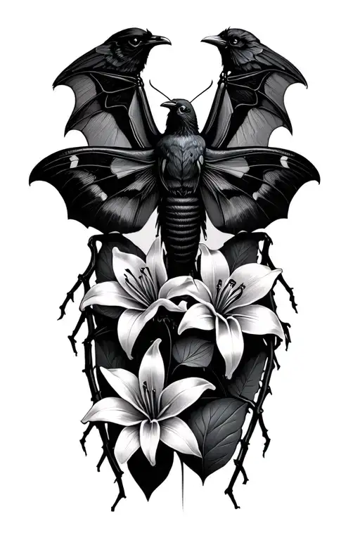 death moth with crow and bat and spiderlily tattoo design idea