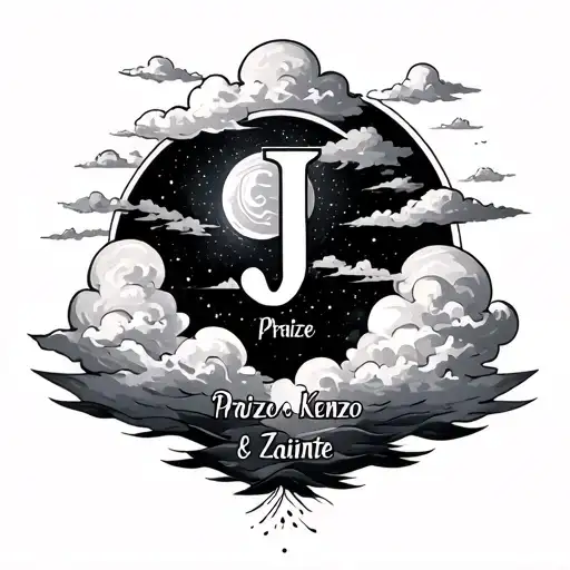 tattoo design with  Clouds, dream, universe, powerful, spiritual with names Praize, Kenzo & Zainte & a letter J . Black tattoo design idea